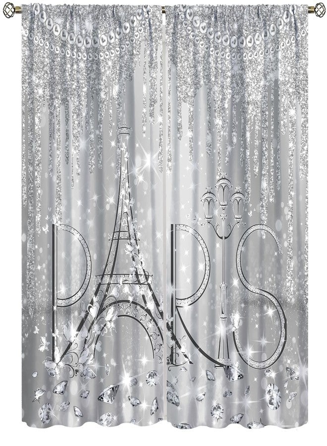 AAVEUP Paris Curtains for Girls Silver Glitter Diamond Romantic Eiffel Tower Waterproof Curtain Luxury Pearls and Jewels Windows Treatments for Bedroom Living Room Kitchen Bathroom 42x45in（No Blackout） - Image 1